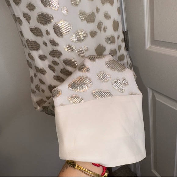 CALVIN KLEIN Exquisite Silk Metallic Blend Trapeze Dress Gold White - Picture 3 of 7